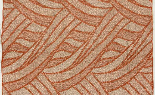 Furnishing fabric with overlapping wavy lines in cream and orange