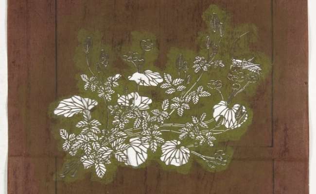 Katagami stencil depicting flowering plants and a cricket