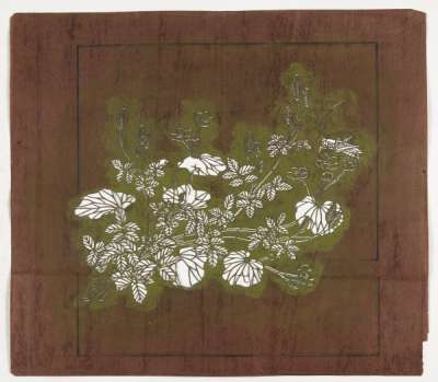 Katagami stencil depicting flowering plants and a cricket