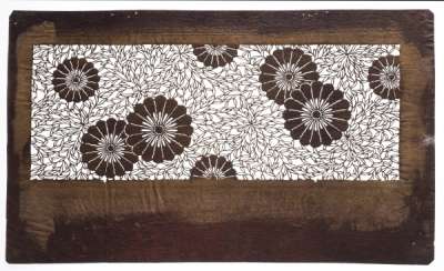Katagami stencil depicting chrysanthemums, an Autumn flower, against a dense  background of outlined leaves