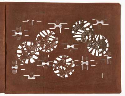 Two katagami stencils which, together, form a design of pairs of birds in roundels against  an abstract background design of lines forming crosses