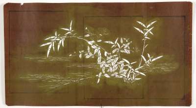 Katagami stencil depicting bamboo and another plant on the water’s edge