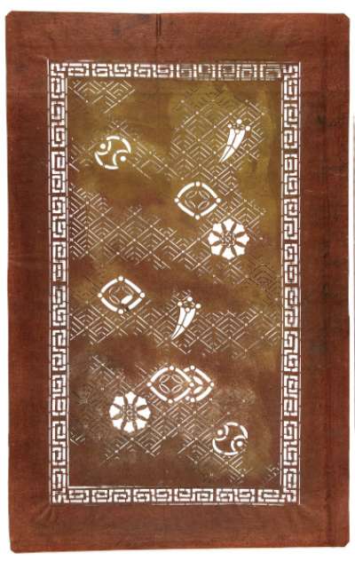 Export Katagami stencil depicting Taoist treasures – shippō  (gems representing the Seven  Treasures), fundo  (weights) and choji  (cloves, burnt for their pleasant scent) along with  flowers against a geometric background design