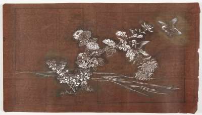 Katagami stencil depicting chrysantheums, spider chrysanthemums and another plant on  the shoreline with a bird coming in to land