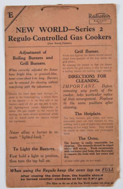 New World – series 2 regulo-controlled gas cookers (New World patents)|||Instruction card for gas cooker, 1935