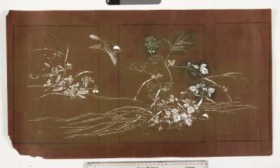 Katagami stencil depicting plants at the water’s edge with birds flying in and pecking on  the ground