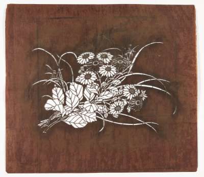 Katagami stencil depicting flowering chrysanthemum stems and a grass