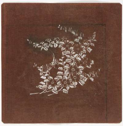 Embroidery Katagami stencil depicting a praying mantis on a flowering branch