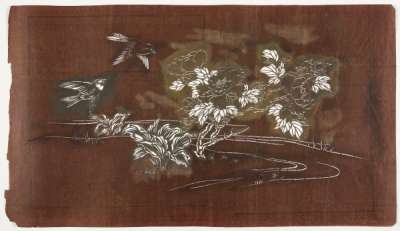Katagami stencil depicting a peony on the waters edge with birds flying into the branches  and another plant nearby