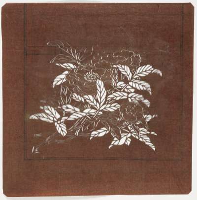 Embroidery Katagami stencil depicting a flowering peony branch
