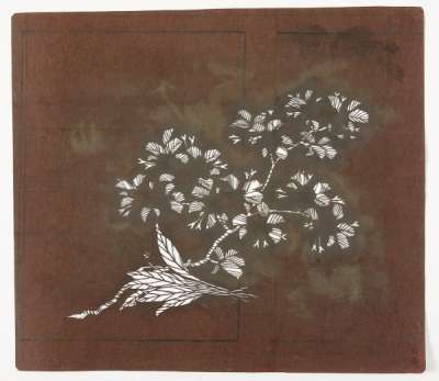 Katagami stencil depicting a flowering branch with an uprooted plant beside the branch