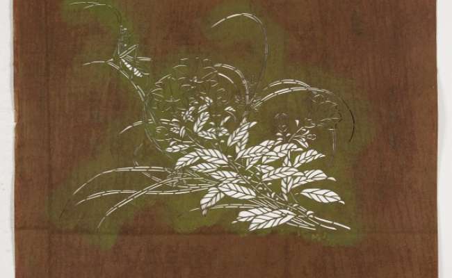 Katagami stencil depicting Autumn Grasses including bell flowers with a cricket or praying  mantis on a leaf