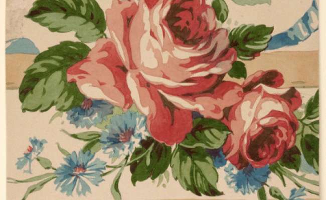 French empire border design of cabbage roses, cornflowers and  ribbons