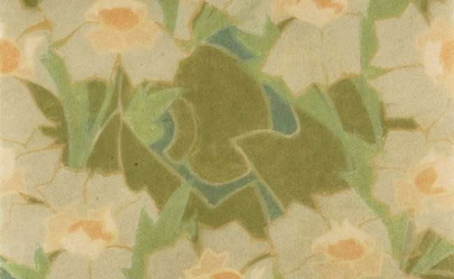 Stylised flowers and leaves in neutral grey, olive green, orange and blue