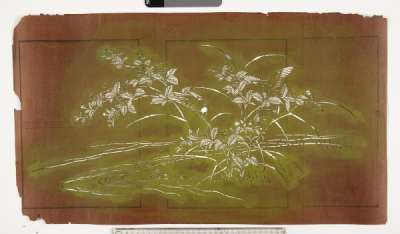 Katagami stencil depicting peonies and bamboo growing on the waters edge.  Birds are in  the branches and frogs underneath