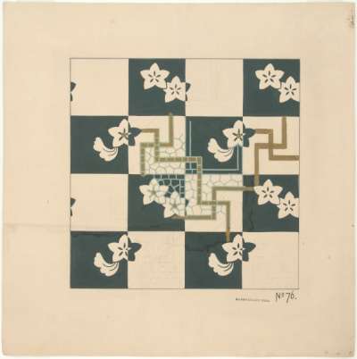 Flower heads and swastika like patterns on a green and white chequered ground