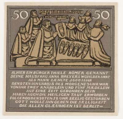 Grey 50 Pfennig Hameln notgeld showing Septuplets memorial