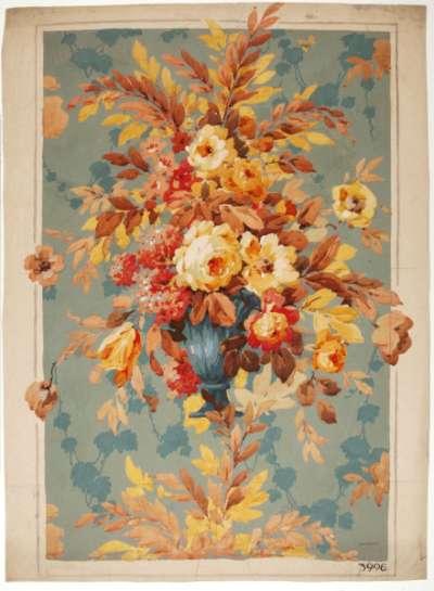 Flowers in autumnal tones in a grey-blue vase
