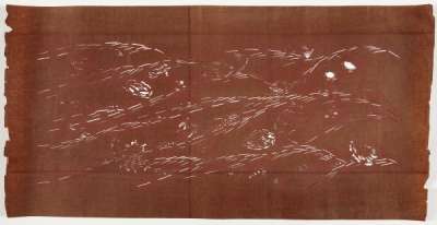 Katagami stencil depicting an underwater scene including shellfish, shrimps, sea  worms