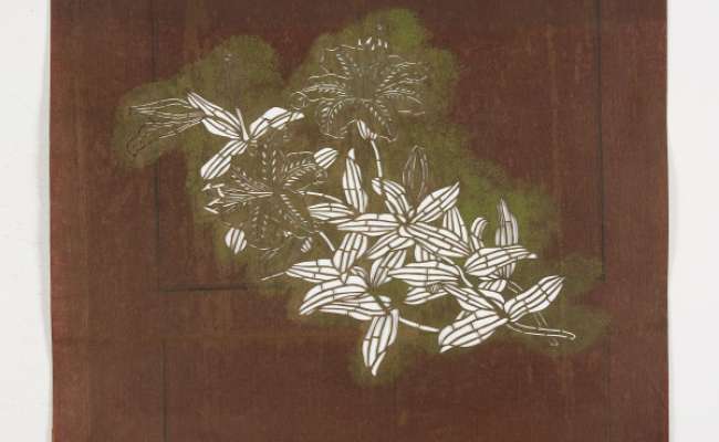 Katagami stencil depicting flowering lily stems