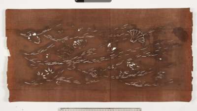 Katagami stencil depicting an underwater scene including shellfish, shrimps, sea worms