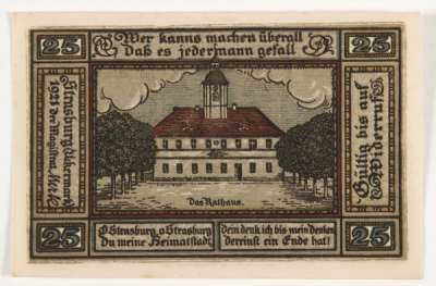 25 Pfennig Strasburg notgeld showing town hall