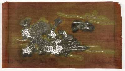 Katagami stencil depicting a kingfisher flying across water towards a hibiscus plant and a  grass