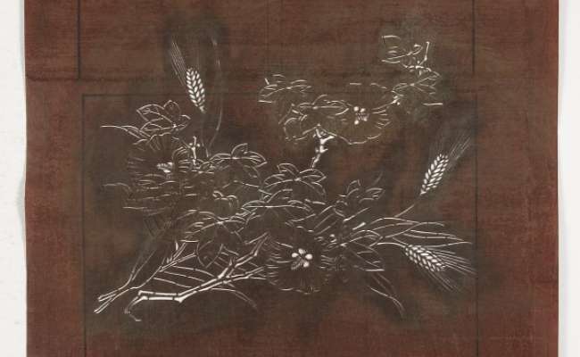 Katagami stencil depicting a flowering mallow branch with heads of grain eg. barley or wheat