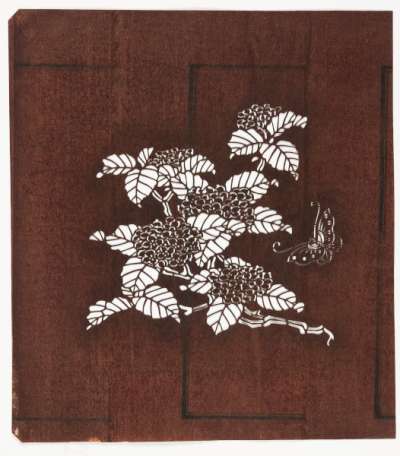 Embroidery Katagami stencil depicting a flowering hydrangea branch and a butterfly