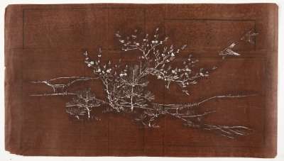 Katagami stencil depicting pine saplings and a plum tree on the edge of water.  Two birds  are shown flying in