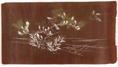 Katagami stencil depicting magnolia and bellflower on the edge of rough water. There are birds perched in the branch and flying in