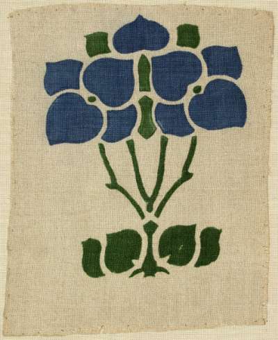 Art Nouveau squared blue flower and heart-shaped leaves