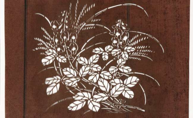 Embroidery Katagami stencil depicting bush clover and miscanthus, two of the Autumn Grasses