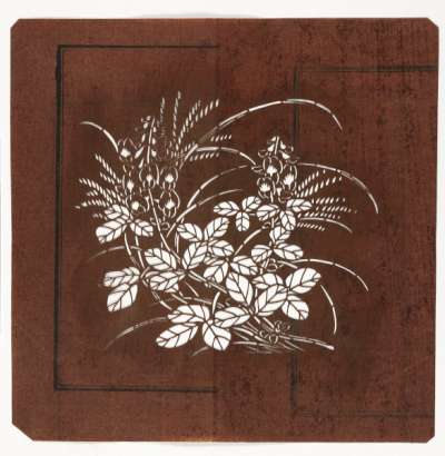 Embroidery Katagami stencil depicting bush clover and miscanthus, two of the Autumn Grasses