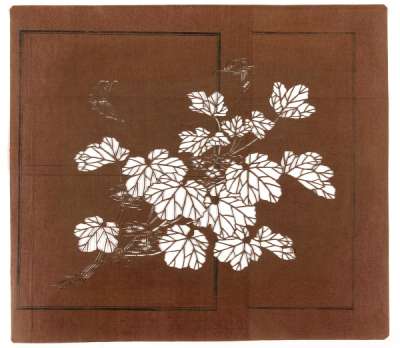 Katagami stencil depicting a flowering plant and two butterflies