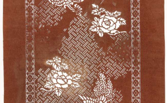 Export Katagami stencil with a design of phoenixes and peonies against a background of weave patterning