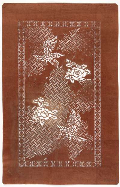 Export Katagami stencil with a design of phoenixes and peonies against a background of weave patterning