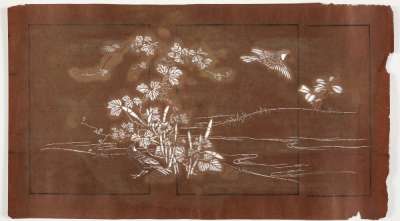 Katagami stencil depicting plants on the water’s edge including narcissi, with a bird underneath the plants and a second flying away