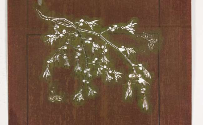 Embroidery Katagami stencil depicting a flowering peach branch with butterflies flying nearby