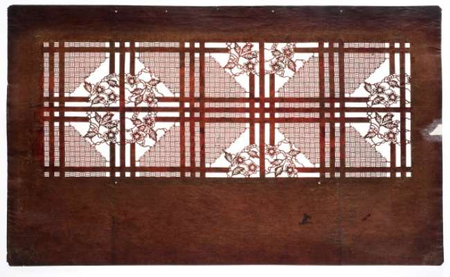 Katagami stencil with koshi  (trellis) patterning and roundels formed of interlaced  clematis stems