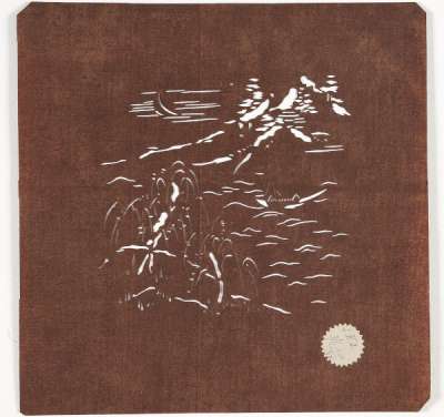 Embroidery Katagami stencil depicting a moonlit landscape scene with willows in the foreground in front  of a boat on water and mountains in the distance