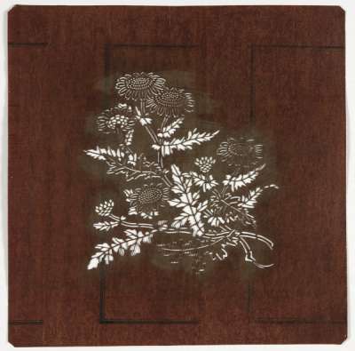 Embroidery Katagami stencil depicting flowering chrysanthemum stems