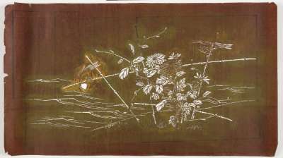 Katagami stencil depicting chrysanthemums against a bamboo frame on the edge of  water