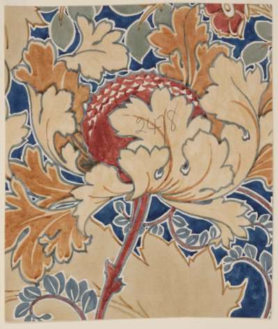 Stylised flowers and leaves in red, ochre and light brown