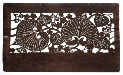 Katagami stencil depicting ‘hollyhock’ (Asarum caulescens) leaves, plum blossom and paulownia or wisteria flower spikes