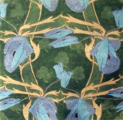 Flat stylised flowers interlaced with leaves in blue, mustard and green