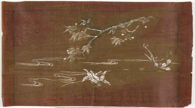 Katagami stencil depicting a branch over water and plants on the shore