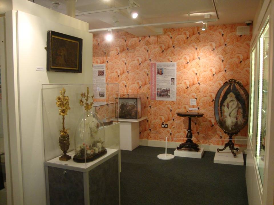 View of the exhibition space at hertford museum with flamingo wallpaper on one wall