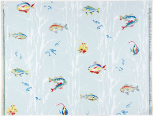 Sanitary wallpaper sample featuring tropical fish designed by Alan Shillingford for Arthur Sanderson & Sons Ltd in 1958.