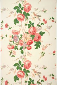 Wallpaper sample of roses and a bird 1900-1950